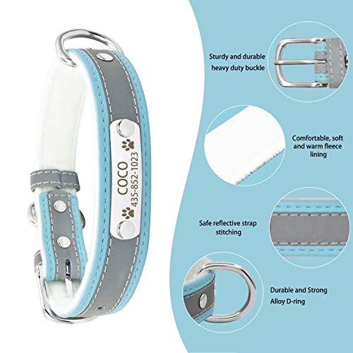 Senristar Personalized Reflective Dog Collar and Leash Set,Custom Leather Dog Collar with Name Plate, Engraved Dog Collars with Warm Lining for Small Medium Large Dogs & Cats