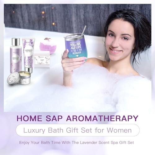 Gifts for Women, Birthday Gifts for Women Spa Gifts Baskets for Women Bubble Bath and Body Gifts Set for Women Lavender Gifts for Mom Her Female Sister Mother Teacher Wine Tumbler Purple Gifts