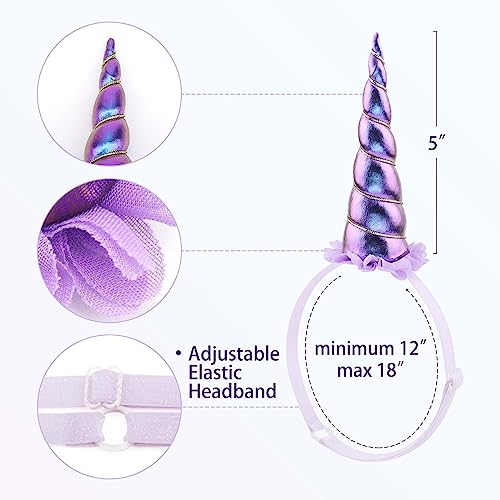 YanJie Unicorn Headband for Girls Shiny Blue Horn Headband Ears Flower Headband Cosplay Costume Accessory Unicorn Horn Headwear for Girls Rave Costume