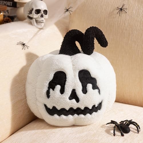 Ashler Halloween Pumpkin Pillows, Ghost Pumpkin Throw Pillows, Halloween Decorative 3D Pumpkin Shaped Faux Rabbit Fur Pillow, Ultra Soft Fluffy Jack-O-Lantern Pumpkin Cushion, White, 9 x 11 inches