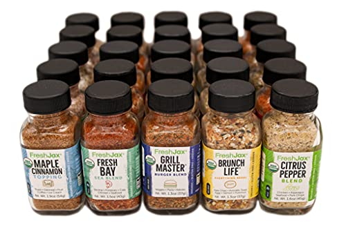 FreshJax Complete Premium Organic Spices Kit | 25 Organic Gourmet Single-Ingredient Spice Bottles | Handbottled in Jacksonville, Florida