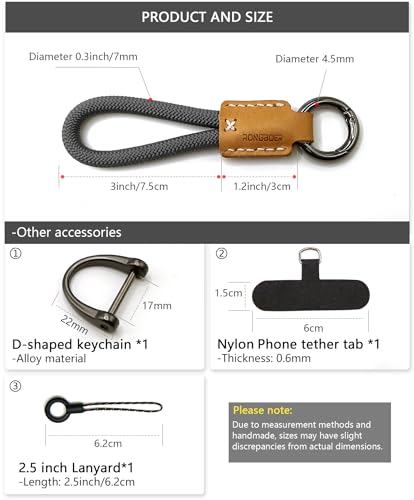 RONGBOER Handmade Cowhide Leather Short Keychain,Car Key Chain Accessories,Keychains for Women And Men,Cell Phone Lanyard (Grey)