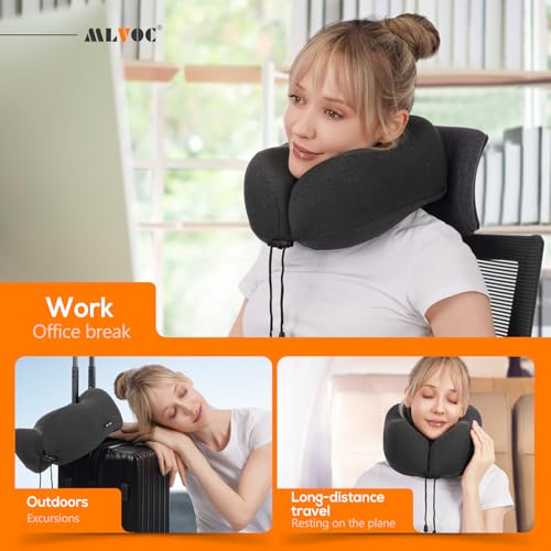 MLVOC Travel Pillow 100% Pure Memory Foam Neck Pillow, Comfortable & Breathable Cover, Machine Washable, Airplane Travel Kit with 3D Contoured Eye Masks, Earplugs, and Luxury Bag, Standard (Black)