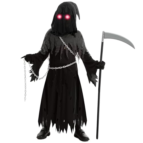 Spooktacular Creations Glowing Eyes Grim Reaper Costume for Kids, Halloween Costume for Boys, Phantom Costume-M(8-10yr)