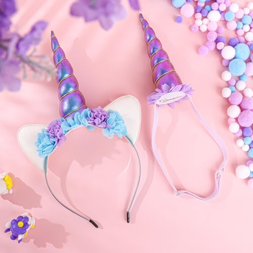 YanJie Unicorn Headband for Girls Shiny Blue Horn Headband Ears Flower Headband Cosplay Costume Accessory Unicorn Horn Headwear for Girls Rave Costume