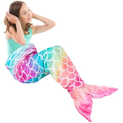 WERNNSAI Mermaid Tail Blanket - Plush Mermaid Wearable Blanket for Girls Teens All Seasons Soft Flannel Snuggle Blanket little Mermaid Scale Sleeping Bag 55" x 24" (Rainbow)