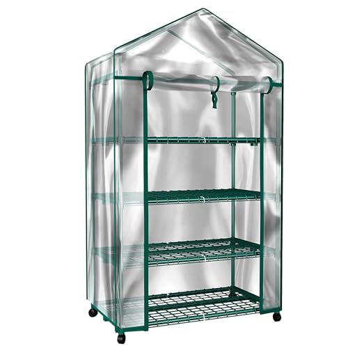 4 Tier Mini Greenhouse - Portable Greenhouse with Locking Wheels and PVC Cover for Indoor or Outdoor - 27 x 19 x 63-Inch Green House by Home-Complete