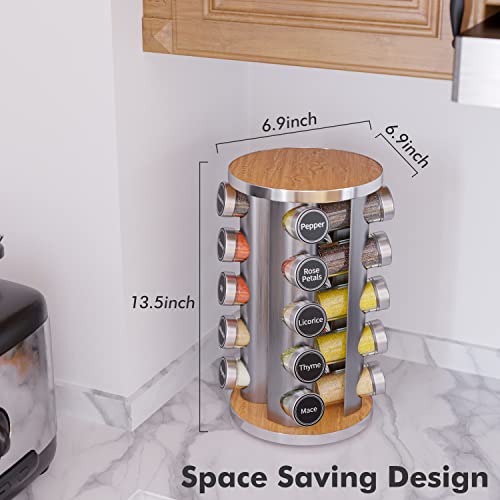 Revolving Spice Rack Set with 20 Spice Jars, Kitchen Spice Tower Organizer for Countertop or Cabinet -- Carousel Storage Includes 386 Spice Labels -- Desktop Rotating Seasoning Organizer