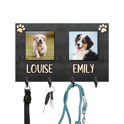 Personalized Photo Dog Leash Holder Custom Wooden Leash Hanger for Wall Dog Leash Rack Wall Mount Organizer Housewarming Birthday Home Decor Gifts for Pet Lovers(2 Dogs,5.7 * 11.8 inches)