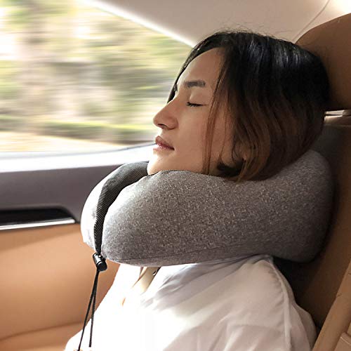 MLVOC Travel Pillow 100% Pure Memory Foam Neck Pillow, Comfortable & Breathable Cover - Machine Washable, Airplane Travel Kit with 3D Sleep Mask, Earplugs, and Luxury Bag, Grey