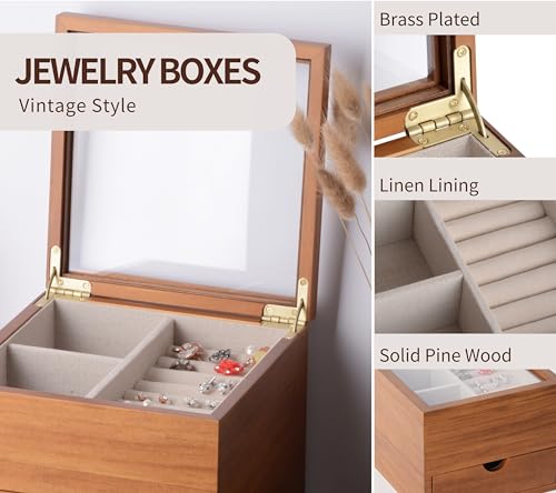 Clasin Home Jewelry Box with Glass Lid, 2 Layer Jewelry Organizer for Women, Solid Wooden Jewelry Box Display for Ring Earrings Necklace Bracelet, Pine Wood Jewelry Boxes Vintage Style for Gifts