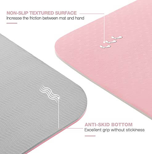 Non Slip, Pilates Fitness Mats, Eco Friendly, Anti-Tear 1/4" Thick Yoga Mats for Women, Exercise Mats for Home Workout with Carrying Sling (72"x24", Parfait Pink & Gray)