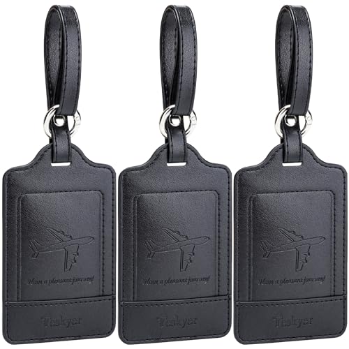 Teskyer Luggage Tags, 3 Pack Premium PU Leather Luggage Tags for Suitcases, Privacy Protection Bag Tags Travel Essentials, Black