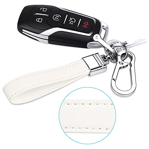 QBUC Genuine Leather Car Keychain,Universal Heavy Duty Metal Key Chain Accessories,Car Fob Key Keychain Holder with 360 Degree Rotatable Snap Swivel and Anti-Lost D-Ring for Men Women(White)