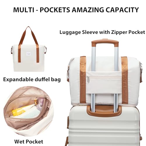 LONG VACATION Luggage Set 4 Piece Luggage ABS hardshell TSA Lock Spinner Wheels Luggage Carry on Suitcase (WHITE-BROWN, 6 piece set)