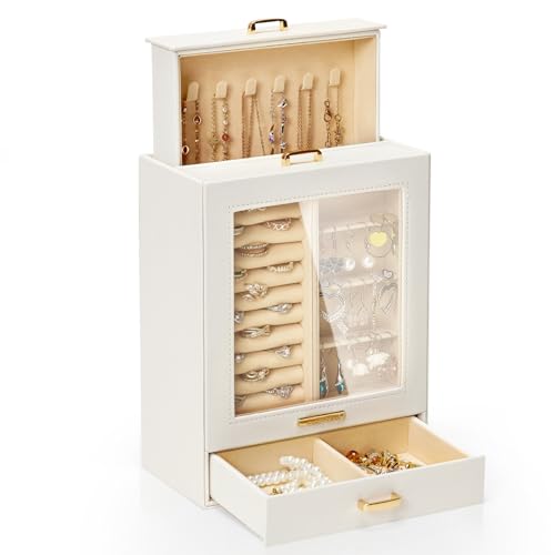 Homde Jewelry Organizer Girls Women Jewelry Box for Necklaces Rings Earrings Gift Jewelry Storage Case (White + Gold)