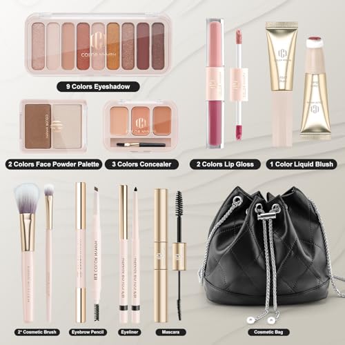 Color Nymph Beginners Makeup Kit for Teens Girls with Cosmetic Bag, Girls Makeup Kit For Women included 9 Color Eyeshadow Palette Concealer Liquid Blush Eyeliner Lipgloss