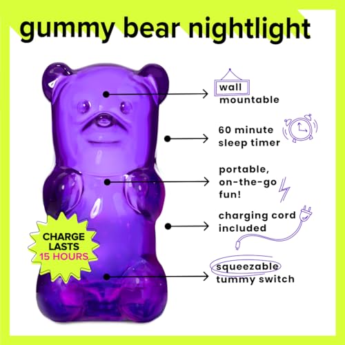 Gummygoods Squeezable Gummy Bear Night Light - Rechargeable, Portable, Squishy Lamp, 60-Min Sleep Timer - Ideal for Kids, Baby Nursery, Adults and Dorm Rooms - (Purple)