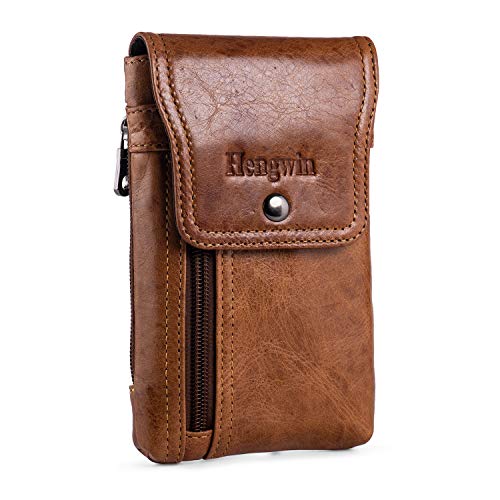 Hengwin Phone Holster Case with Belt Clip, Genuine Leather Belt Pouch Belt Case Cell Phone Holder Fit for iPhone 15 Plus 14 Pro Max 11 Pro Max Xs Max 7 Plus 8 Plus (Fit Cellphone with Case On) (Brown)