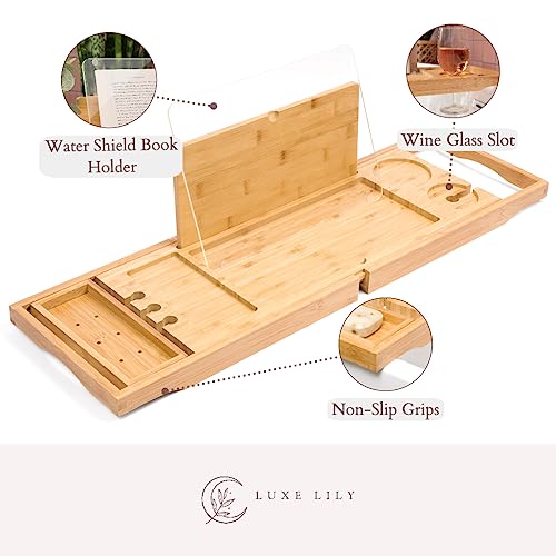 Luxe Lily Holds Your Book Open – Extendable Wooden Bathtub Tray Keeps Your Book Open While Protecting from Drips and Splashes - Perfect Bath Tub Tray for Reading and Relaxing in The Bathtub