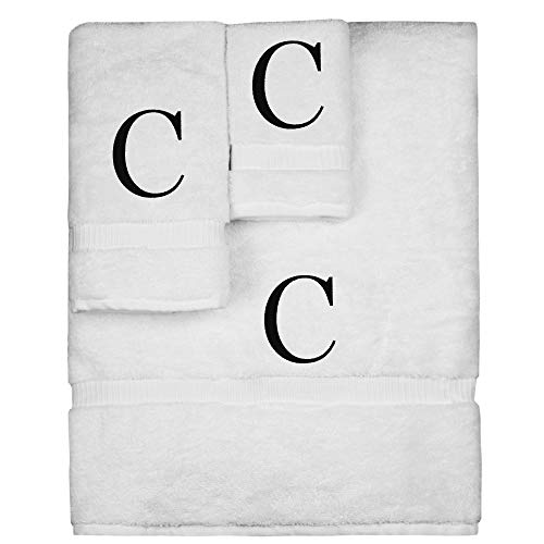 Monogrammed Towel Set, Personalized Gift, Set of 3- Black Block Letter Embroidered Towel - Extra Absorbent 100% Turkish Cotton - Soft Terry Finish - Initial C White