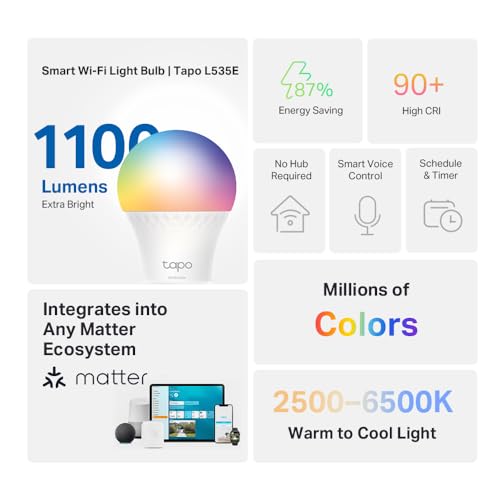 Tapo TP-Link Smart Light Bulbs, 1100 Lumens High Brightness (75W Equivalent), Matter-Certified, 16M Colors WiFi Light Bulb, Dimmable, Works w/Siri, Alexa & Google Home, A19 E26, L535E(2-Pack)