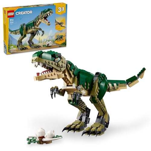 LEGO Creator 3 in 1 T. rex Toy, Transforms from T.rex to Triceratops to Pterodactyl, Dino Toy Figures for Kids, Posable Dinosaur Model Building Set, Animal Toy Gift Idea for Boys and Girls, 31151