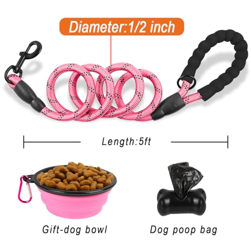 BARKBAY Dog Leashes for Large Dogs Heavy Duty Dog Leash 4/5/6 FT with Comfortable Padded Handle and Highly Reflective Threads for Medium Large Dogs Walking Training Running (5FT-1/2'',Pink)