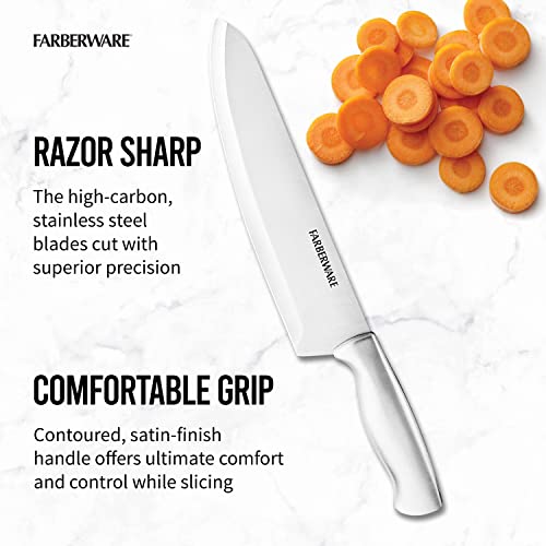 Farberware 15-Piece High-Carbon Stamped Stainless Steel Kitchen Knife Set with Wood Block, Steak Knives, Razor-Sharp, Black, Ultra-Sharp Blades, Ergonomic Comfort Grip