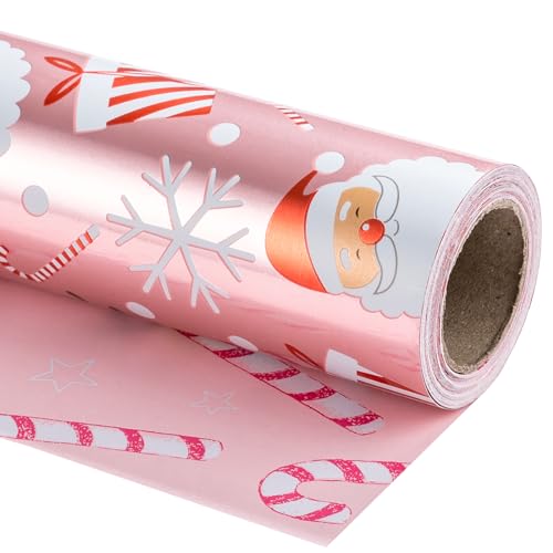 LeZakaa Reversible Christmas Wrapping Paper Roll - Metallic Foil with Santa Claus & Candy Cane in Pink - 17 inches x 32.8 Feet (46.45 sq.ft.)