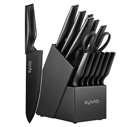 Utility Knife Set, syvio 15pcs Knife Sets for Kitchen with Block and Sharpener, Razor-Sharp, Effortless Sharpening, Premium Kitchen Knives with Heavy Poultry Shears and 6pcs Serrated Steak Knives