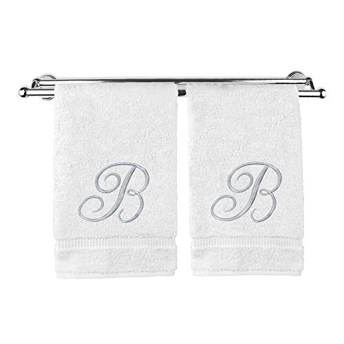 Monogrammed Hand Towel, Personalized Gift, 16 x 30 Inches - Set of 2 - Silver Embroidered Towel - Extra Absorbent 100% Turkish Cotton- Soft Terry Finish - For Bathroom, Kitchen and Spa- Script B White