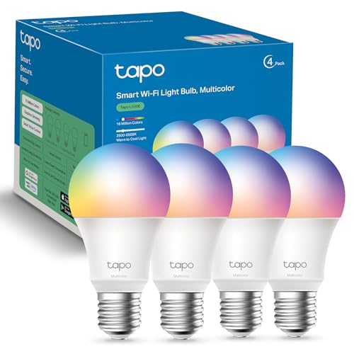 Tapo TP-Link Smart Light Bulbs, 16M Colors RGBW, Dimmable, Compatible with Alexa and Google Home, A19, 60W Equivalent, 800LM CRI>90, 2.4GHz WiFi only, No Hub Required, L530E(4-Pack)