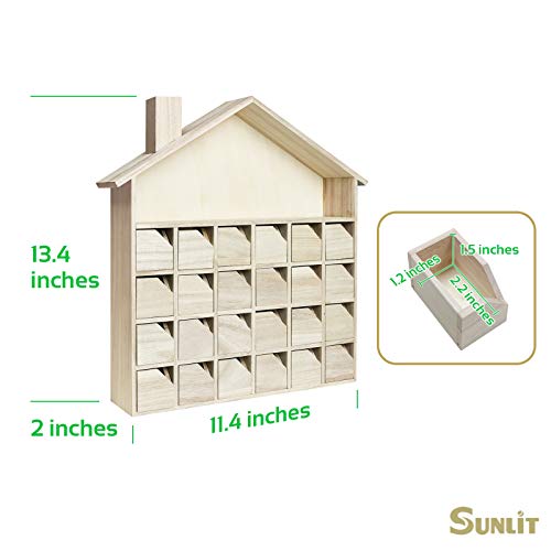 Sunlit Christmas Wooden Advent Calendar with Drawers, Unfinished Wooden, House Shaped Countdown Calendar Ready to Decorate and Personalize | Craft Storage Box | DIY Guru and Crafters