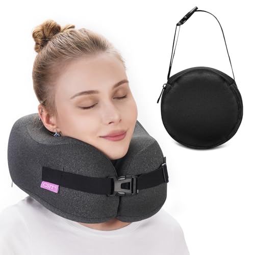 CSJT Travel Pillow Vac Compressed Memory Foam Neck Pillow Airplane,Comfortable,Neck Support,Machine Washable,Airplanes Travel Essentials Accessories for Office,Flight,Cars Breaks Sleeping(Black)