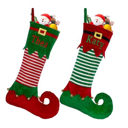 VRFASHION Elf Personalized Christmas Stockings, Custom Embroidered Name Family Xmas Stockings, Large Elf Xmas Stocking with Name, Christmas Tree Family Fireplace Hanging Stocking Decorations 1 Pcs