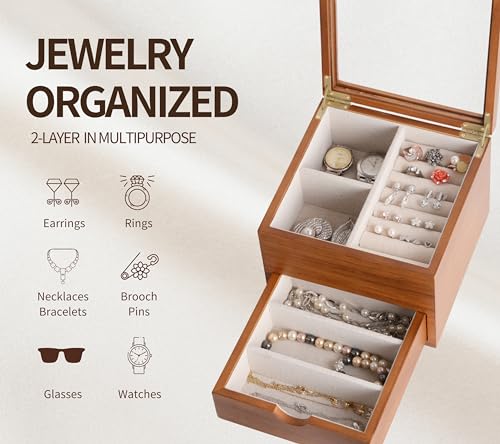 Clasin Home Jewelry Box with Glass Lid, 2 Layer Jewelry Organizer for Women, Solid Wooden Jewelry Box Display for Ring Earrings Necklace Bracelet, Pine Wood Jewelry Boxes Vintage Style for Gifts