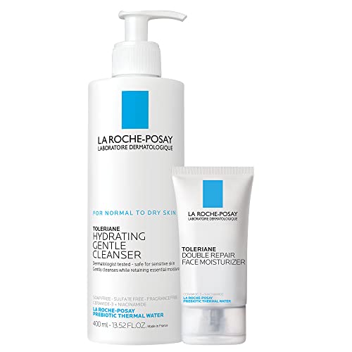 La Roche-Posay Toleraine Skin Care Set | Double Repair Face Moisturizer 40ml & Hydrating Gentle Cleanser 400ml | Oil Free Moisturizer & Face Wash | Formulated with Niacinamide