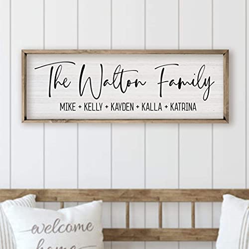 Personalized Framed Wooden Family Name Sign (6" x 18", Weathered Grey Frame, White Background)