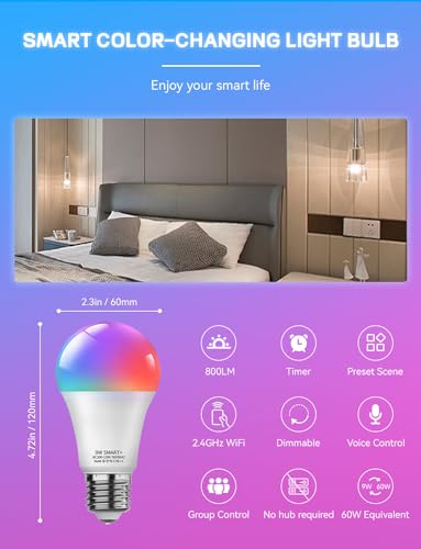 MagicLight Smart Light Bulbs 4 Pack A19/E26 Color Changing 60W Equivalent Dimmable White 2700-6500K Music Sync Schedule WiFi & Bluetooth RGB LED Bulbs Works with Alexa & Google Home