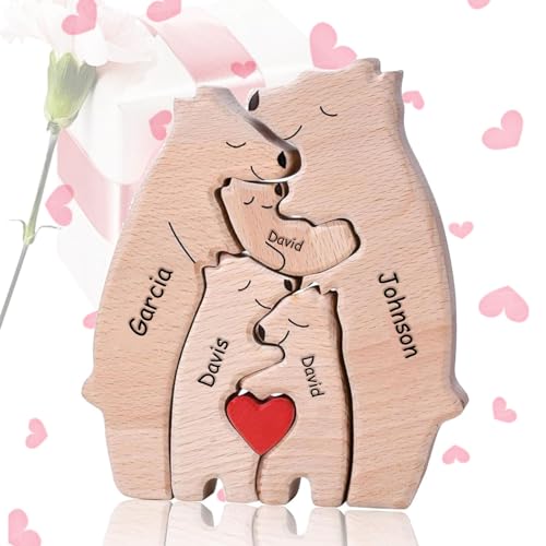 Custom Wooden Bears Family Puzzle with 2-8 Family Name - Family Decor for Mom Unique Wooden Decor Gift for Mom and Dad Mother's Day Father's Day Jigsaw Puzzles (Bear Jigsaw Puzzle)