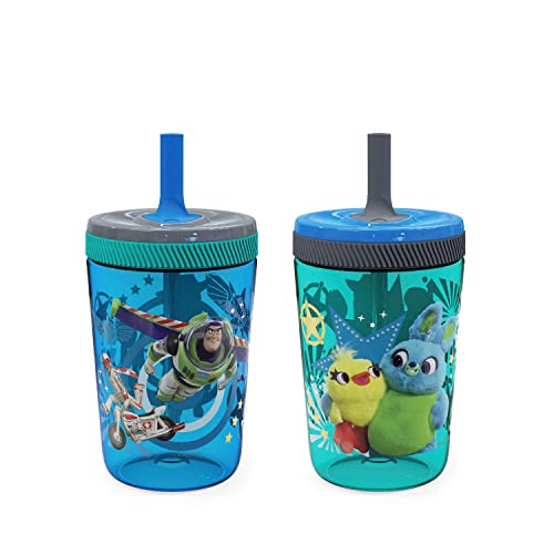 Zak Designs Kelso 15 oz Tumbler Set (Toy Story 4 - Woody & Buzz 2pc Set) Toddlers Cup Non-BPA Leak-Proof Screw-On Lid with Straw Made of Durable Plastic and Silicone, Perfect Baby Bundle for Kids