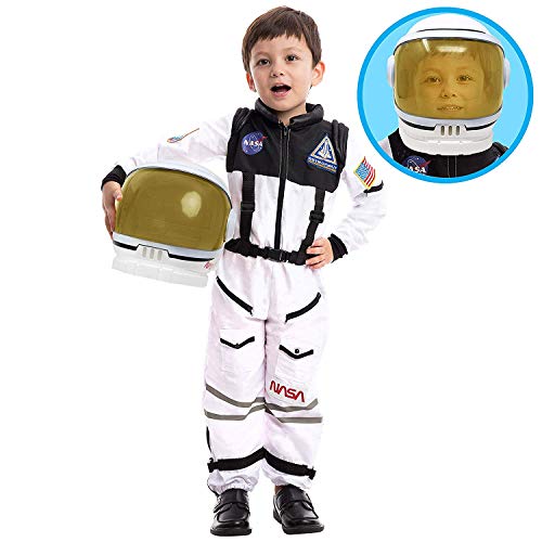 Spooktacular Creations Astronaut Costume with Helmet, Space Suit for Kids and Toddler with Movable Visor Helmet, Kids Astronaut Costume for Halloween Costumes Party Favor Supplies White S