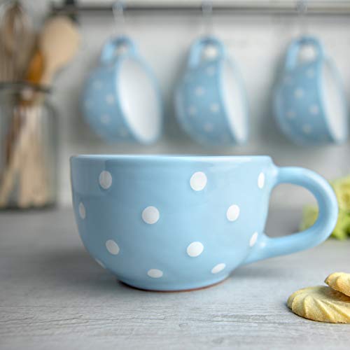 City to Cottage Handmade Ceramic Designer Light Blue and White Polka Dot Cup, Unique Extra Large 17.5oz/500ml Pottery Cappuccino, Coffee, Tea, Soup Mug | Housewarming Gift for Tea Lovers