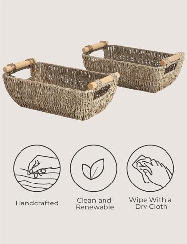 StorageWorks Small Wicker Baskets, Handwoven Baskets for Storage, Seagrass Rattan Baskets with Wooden Handles, 2-Pack