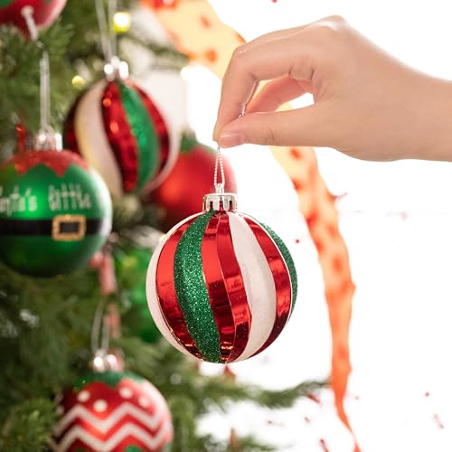 Valery Madelyn Christmas Ornaments Tree Decorations, 16ct Elf Red Green White Shatterproof Christmas Ball Ornaments Set, 3.15 Inch Decorative Hanging Ornament Bulk for Xmas Holiday Party Decor