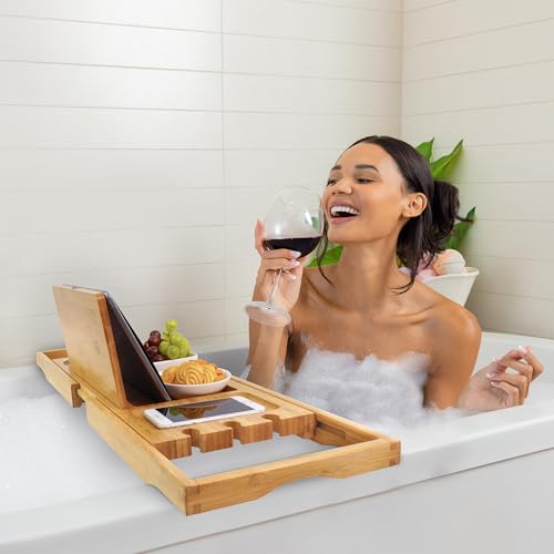 Utoplike Bamboo Bathtub Caddy Tray Bath Tray for Tub, Adjustable Bathroom Bathtub Organizer with Book Tablet Wine Glass Cup Towel Holder (24.5"-37.4")