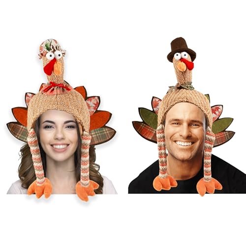 Ogrmar 2 Pcs Plush Turkey Hat, Funny Turkey Headwear for Thanksgiving Night Event, Dress-up Party, Thanksgiving Decor