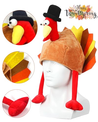 Hikkcos Thanksgiving Turkey Hat and 3 Packs Bead Necklaces Turkey Head Costume Plush Gobbler Hat for Thanksgiving Trot Dress Up Party, Role Play and Carnival Cosplay