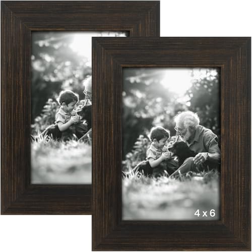 Yaetm 4x6 Rustic Wood Picture Frame Set of 2, Dark Brown Farmhouse Solid Wood Frame with Real Glass, Distressed Black Photo Frames 4 by 6 for Table Top, 2 Pack